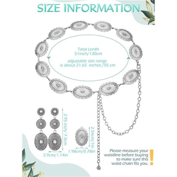 Western Concho Belt & Earring Set – Vintage Silver-Tone Rodeo Style Cowgirl - Picture 3 of 7